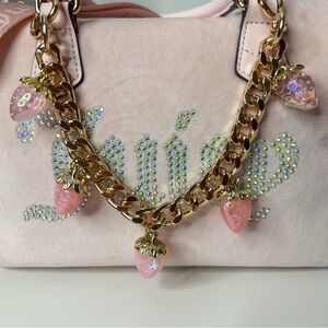 Handmade Pink Strawberry Bag Charm with Gold Chain.